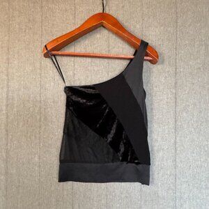 90s Vintage Bebe Black Silk Lace Mix Fabric Shelf Bra One Shoulder Blouse